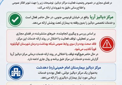 اطلاعیه مهم روابط عمومی شبکه بهداشت و درمان شهرستان کهگیلویه درباره فعالیت مراکز دیالیز